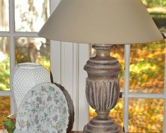 White Tiffany Weave Hexagonal 8" Vase Shown with a 27" Chapman Carved Wood Table Lamp and a 2-pc. Cake Plate and Server by Sadek
