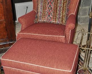 Gorgeous Oversized Sanborn Wing Back Chair with Ottoman by Nancy Corzine with Fantastic Leather Welting. The Chair is W32.5" x H44” x D31" and the Ottoman is W28.5" x H19" x D19"