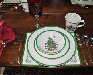 Spode Dinnerware, Christmas Tree Pattern, Four Piece Place Setting, Service for 8 and a Gorham "Melon Bud" Stainless Flatware Set, Service for 12 minus one Dinner Fork and 2 Knives