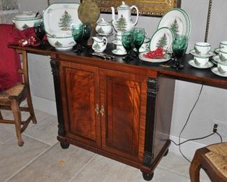 Fabulous Baker Furniture Company Two-Door Cabinet with Inlay and Ebonized Columns. The Doors open to a Flatware Drawer and 2 Shelves. W34" x H35" x D16". The Top Flips Opens to 68"W.
