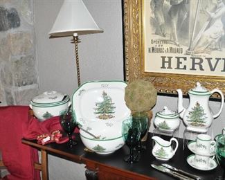More Spode Christmas Tree China Serving Pieces Sold Separately and one of the 2 Twisted Candlestick Table Lamps Available, 30"H.
