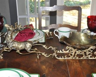 Wonderful Vintage Brass Reindeer and Sleigh Centerpiece, 24"L