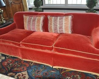 One of Two Mohair and Wool 3-Cushion Skirted Sofas. W96" x H33" x D46"