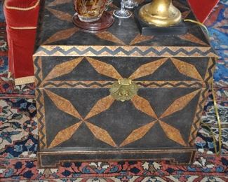 One of Two Hand Painted Wooden "Trunk End Tables" with Brass Hardware. W24" x H20" x D24"
