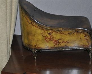 Stunning Vintage Neoclassical Chaise Lounge Lidded Keepsake Box with Brass Trim and Feet.