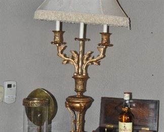 Another Vintage Frederick Cooper Gold Gilt Neoclassical Candelabra on a Faux Marble Base, 38"H. Linen Lamp Shade with Fringe Detail