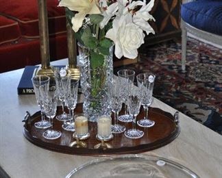 A Beautiful 16" Orrefors Centerpiece Bowl shown with a 12" Cut Crystal Vase and Waterford Champagne Glasses