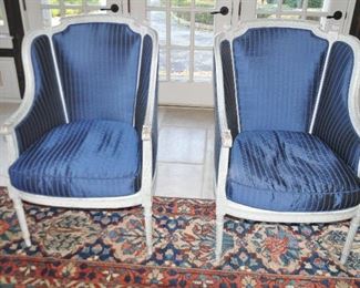 A Pair of Beautiful French Louis XVI Bergere Arm Chairs, Carved Frame and Blue with Gray Pinstripe Fabric. W25" x H40" x D39"
