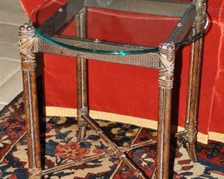Wonderful Side Table with Thick Round Glass Top on Square Wrapped Bamboo Style Metal Base, W20.5" x H24" x D20.5"
