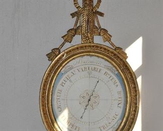 Antique French Carved Gilt Wood Barometer, c.1790 with Floral Bouquet Finial and Paper Dial (in working condition)" H38" x W18.5"