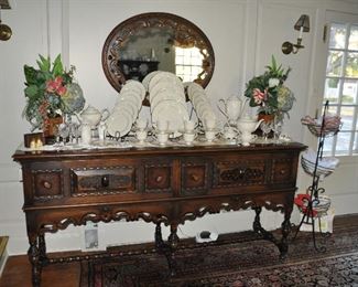 Beautiful Matching Large Antique William and Mary Style Ornately Carved 2-Drawer Buffet Server, 37" x D22"W78" x H22"