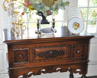 Matching Petite William and Mary Style Antique One Drawer Buffet Side Table with Ornately Carved Detail, W42" x H35" x D20.5"