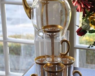 Rare Antique 6-Piece Embossed Gold Pitcher and Four Glass Mugs with Handles Set