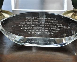 Signed Steuben Crystal Paperweight Etched with the Hippocratic Oath, 2.75" H x 7.75" Long x 1.75"W