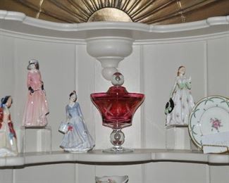 Four Vintage Royal Doulton Figurines, Shown with a Gorgeous 9" Cranberry Glass Lidded Candy Dish and a set of Lovely Four Tiffany 6" Plates Cup