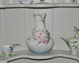 Spectacular Franz Collection Porcelain Including The Freesia 12" Vase, a Bamboo Song Bird Cup, Saucer and Spoon Set (with original box) and a Bamboo Song Bird Teapot with Lid (also with original box)