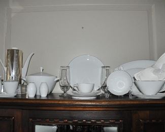 Another Great China Set Available Includes one of the Mid-Century White with a Silver Trim 5-Piece Place Settings and Several Serving Pieces from the Vintage Arzburg Germany Collection (Sold Separately) . Also shown is an Insulated Porcelain Vintage German Coffee Pot and a Vintage French Salam Insulated 2-Cup Teapot.