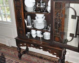 A Matching Antique William and Mary Style Ornately Carved China Display Cabinet Glass Door, W40" x H55" x D13"