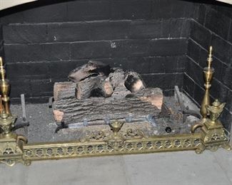 Vintage Brass 20" Andirons and Vintage 47" Fireplace Fender