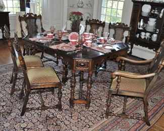 William and Mary Style Ornate Carved Dining Table and Chair Set, W62" x H30" x D48"; Table has four 10" Leaves