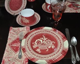 Limoges by Pierre Frey Porcelain Dinnerware includes 12 Dinner Plates, "Sorgues"; 12 Salad Plates, "Paniers Fleuris"; and 10 Cups with Saucers, "Paniers Fleuris". All Sets Sold Separately. Also Shown with an Antique Rogers "Old Colony" 1911 Silverplate, 4-Piece Service for Six Flatware