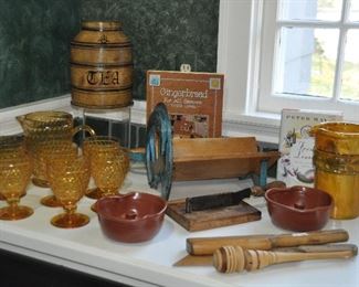 Vintage Pitcher and Six Goblets from Villeroy and Boch, an Antique, Painted Tin Tea Canister, an Assortment of Antique Wood Kitchen Utensils and an Antique Danish Cutter/Slicer #294 and an Antique French Herb Chopper. On the Left is Abigails Italy Drip Glaze Pitcher 8"