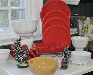 Rare Collection of Antique White Jelly Molds c. 1880, with Two Sets of Syracuse Red Dinner Plates, a Set of 6 and a Set of 8 Dinner Plates and 2 Chop Platesnd More!