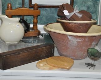 Antique Kitchen Press, W17" x H15" x D6" and a Vintage Hull Pitcher. Also Shown is a Large Antique Dough Bowl, 10"H with 17" open W. The Smaller Antique Bowl is 7"H with 10" open W.
