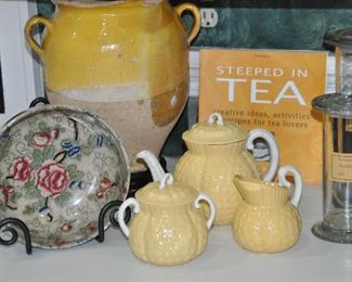 A Chinese Rose Pottery Bowl by Leighton; a Rare, Vintage 5-Piece Tea Set by Lenox, c. 1950 and an Antique French Ceramic Confit Pot with Handles, 10"H