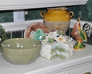 Signature Stoneware 9" Bowl Shown with another Antique 13" Confit Pot with Handles, Antique Majolica 8" Plate, c. 1880