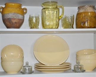 On Top: A Federal Yellow Glass Ware Pitcher with 6 Glasses and more Fantastic Antique Ceramics. The Lower Shelf has a Set of 5 Yellow Embossed Dinner Plates and 6 Soup/Cereal Bowls by Matceramica, made in Portugal.