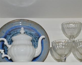 Hutchenreuther Sylvia Teapot/Coffeepot, Bavaria Germany, and a Studio Art 13' Ceramic Platter. Shown with Vintage Sorbet Dishes and a Glazed Ceramic Blue Opalescent Studio Art Platter