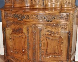 Rare Two-Piece Antique Walnut Ornately Carved Louis XVI French Sideboard/Buffet, W52" x H58" x D24"