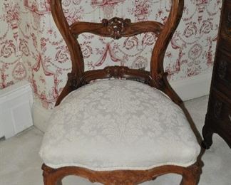 Antique Victorian Carved Rose Walnut Side Chair with Upholstered Seat, W23" x H36" x D25"