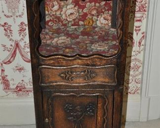 Antique French Petite Carved Walnut Telephone Cabinet, W14" x H32" x D12"