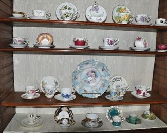 Great Selection of Porcelain Teacups by Royal Albert, Hammersley, Royal Copenhagen, Jackson & Gosling, and more! Also Displayed is an Antique Royal Beyruth Hand-Painted Scalloped Centerpiece Bowl