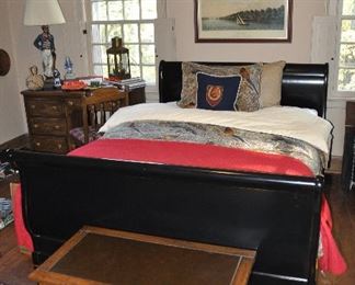 Full-Size Distressed Black Sleigh Bed, shown with a Custom-Made Twin Duvet Cover, Twin Down Comforter and an Assortment of Pillow Shams and Decorative Pillows.