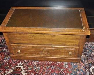 Matching Ship's Design Oak and Leather Top One-Drawer Trunk, W34" x H18" x D18"