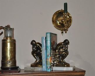 A Heavy Brass Oldham Safety Lamp, 900-4090 with Moveable Handle, c. 1930, 13.5". Also shown with a set of New Diamond Onyx and Brass Book Ends, "The Thinker"