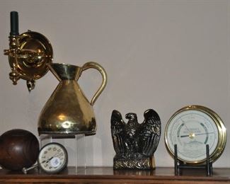 Fantastic Vintage Home Decor, including a Fisherman's Weather Guide, Downeaster Mfg. Co. and a Waltham Co. 8-Day Auto Clock. Also Available are 2 Vintage Nautical Brass Tilting Candle Holders!