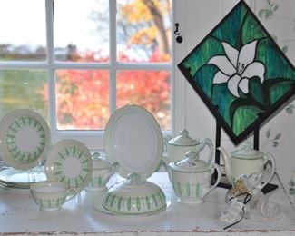 Vintage 18-Piece Hand-Painted Noritake Tea Set. On a Stand is Stained Glass "Lily" W14" x H19" x D3.5"