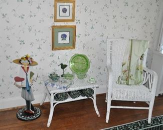 Another Pretty Sitting Area Includes a Vintage White Wicker Chair and Vintage Side Table With Lower Shelf