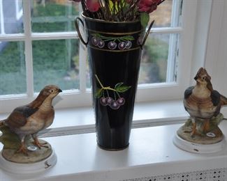 Vintage Painted Black Metal Vase with Handles, 19" and Ceramic Grouse by Andrea, 9" and 10"