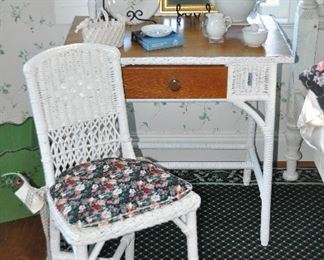 White Wicker and Wood One-Drawer Desk, W30" x H34" x D21" and Wicker Desk Chair with Cushion