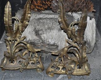 Pair of Antique Carved Floral Brass Andirons, 19"H x 10"W