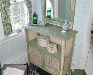 Vintage Carved, Painted Cabinet with Cane and Marble Top with Vintage Collectibles