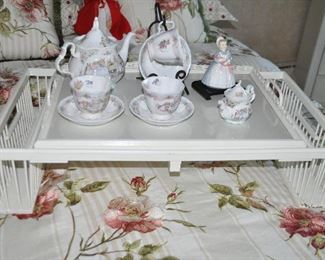 White Breakfast Tray with Royal Doulton Brambley Hedge "The Wedding", Shown with a Teapot, Creamer and 3 Cups with Saucers