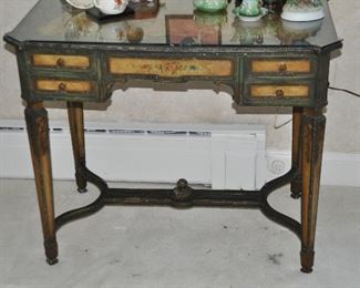 Antique Lady's Writing Desk, Hand-Painted in Green and Mustard with a Custom Made Glass Top, W36" x H30" x D23"
