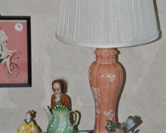 Porcelaine de Paris Ceramic 26" Lamp (Two Available). Shown with Six-Piece Lily of the Valley Miniature Porcelain Tea Set and a Lovely Royal Doulton Figurine