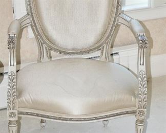 Vintage Louis XVI-Style Carved Open Arm Light Taupe Upholstered Arm Chair (Two Available) W36" x H35" x D26"